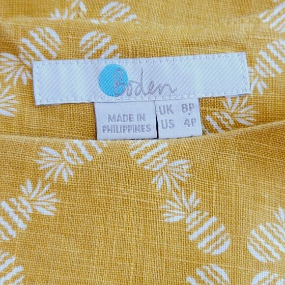 Boden Kate Mustard Yellow Pineapple 3/4 Sleeve 100% Linen Dress Size 8 Petite - Picture 6 of 9